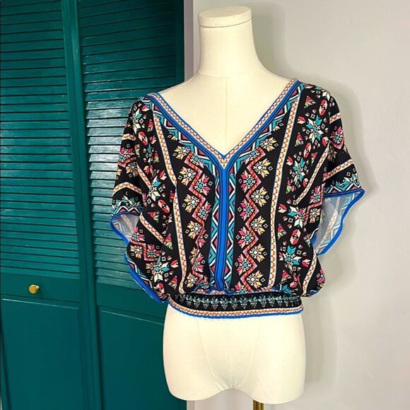 Flying Tomato Floral V-Neck Boho Women's Top - Black and Blue - small - Picture 1 of 6